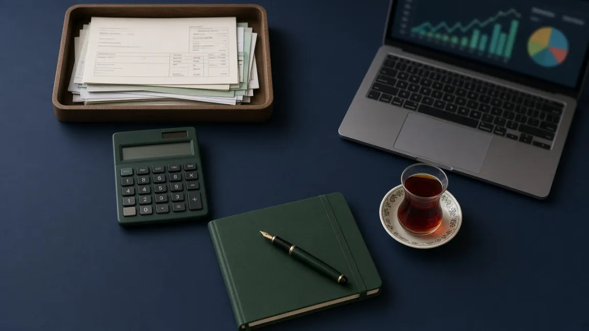 Organised accounting desk with invoices, calculator and laptop