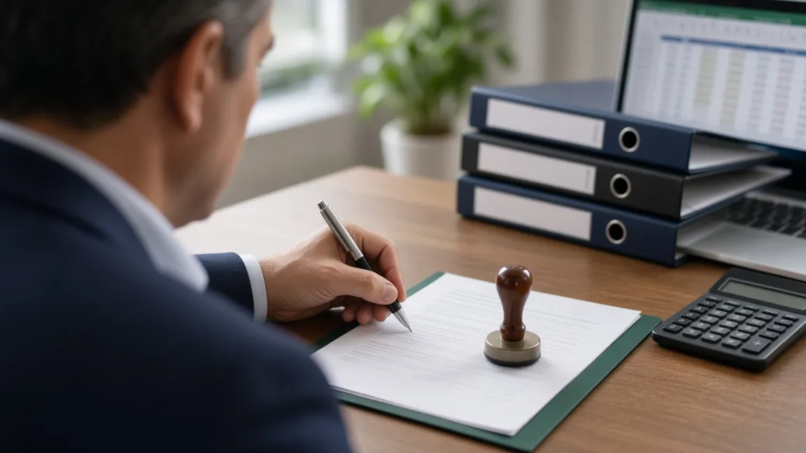 Financial advisor signing and stamping an official document