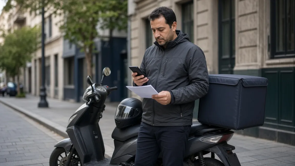 Motorcycle courier checking documents on his phone next to his scooter