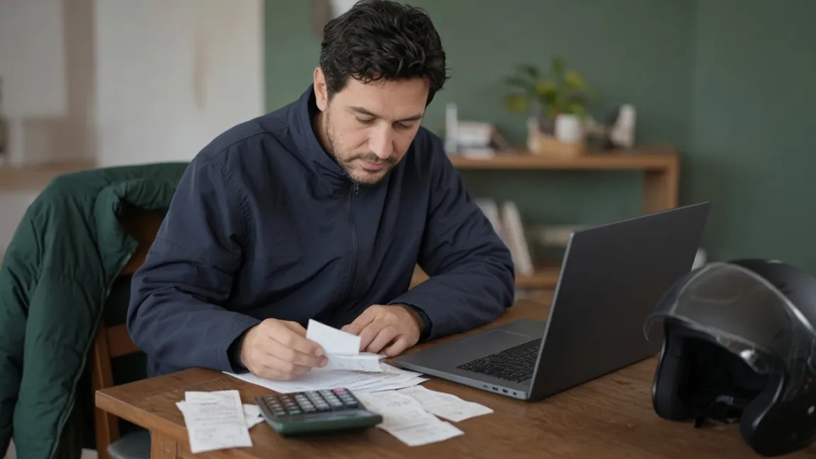 Motorcycle courier calculating tax with a helmet and receipts