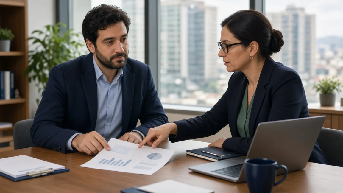 Business owner reviewing a financial report with an accountant in Ankara